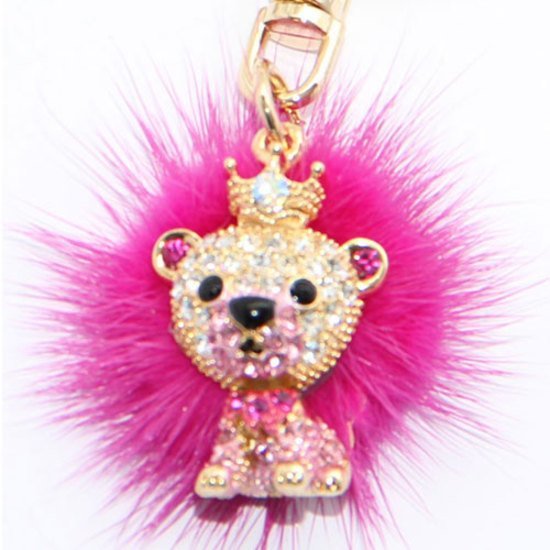 Crystal Lion keyring with fuchsia furry mane